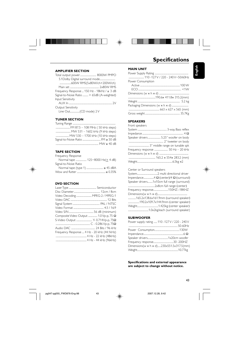 Specifications | Philips FWD876 User Manual | Page 43 / 47