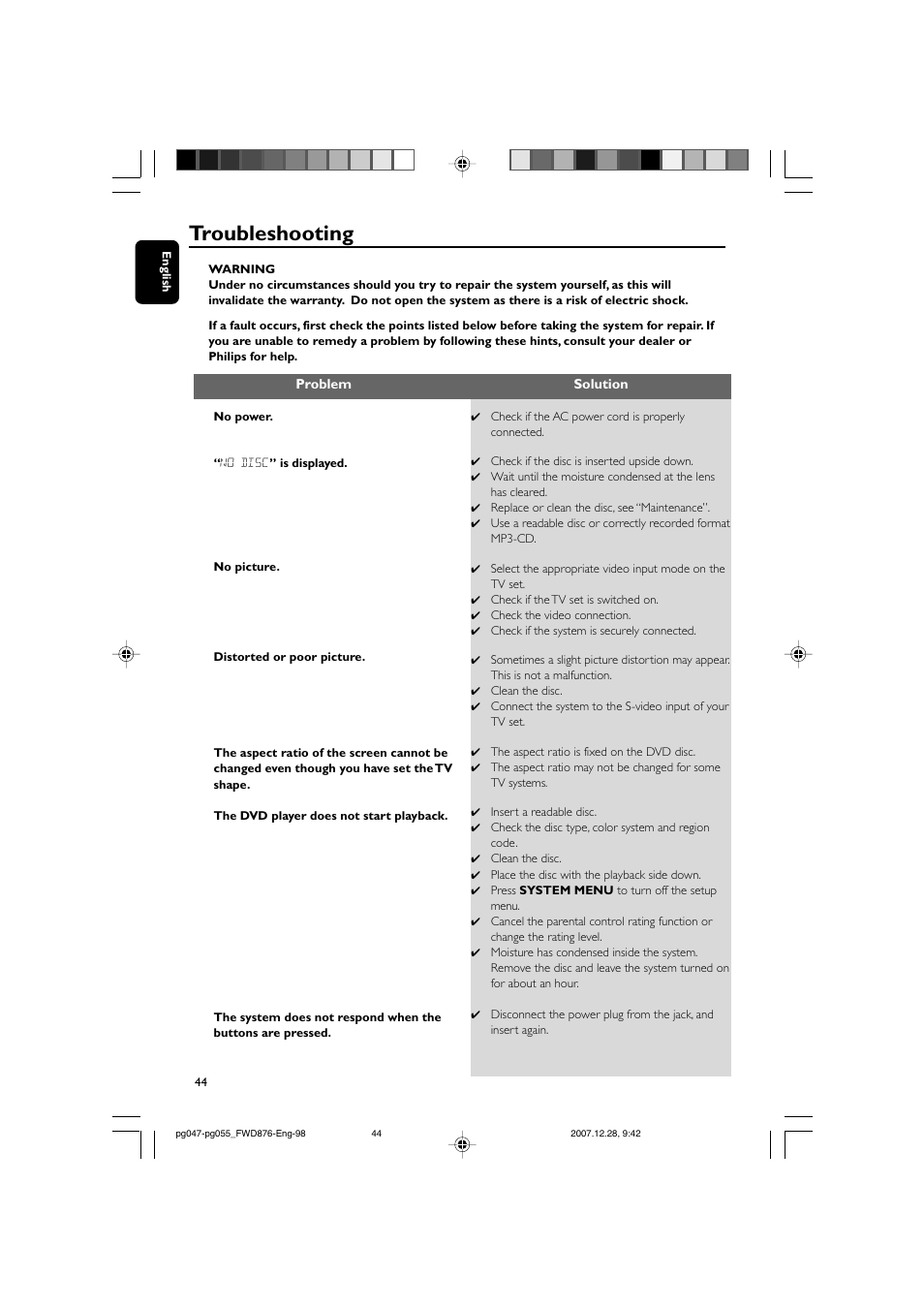 Troubleshooting | Philips FWD876 User Manual | Page 44 / 47