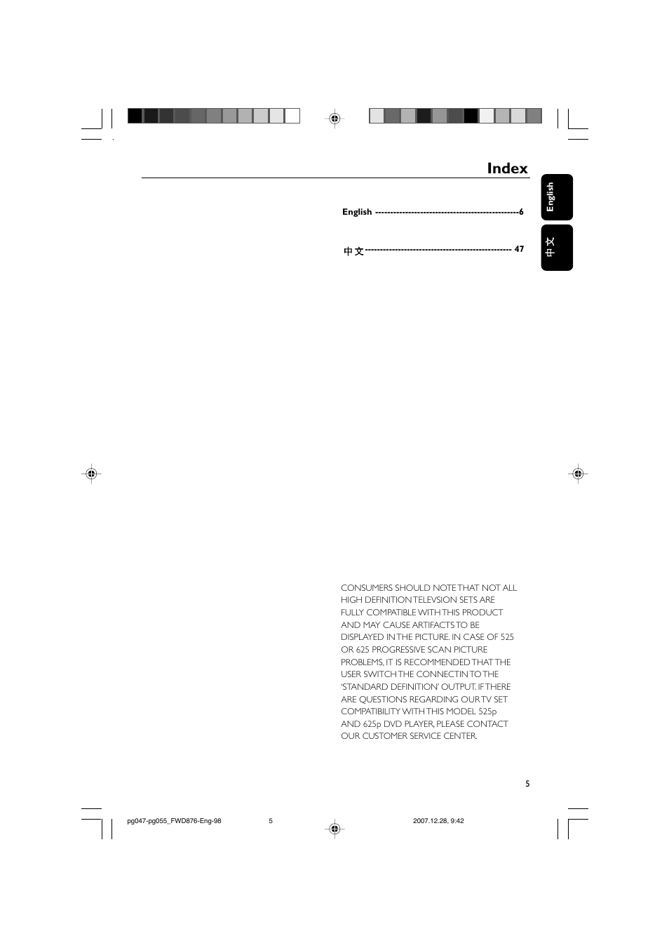 Index | Philips FWD876 User Manual | Page 5 / 47
