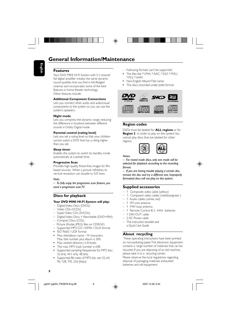 General information/maintenance | Philips FWD876 User Manual | Page 8 / 47