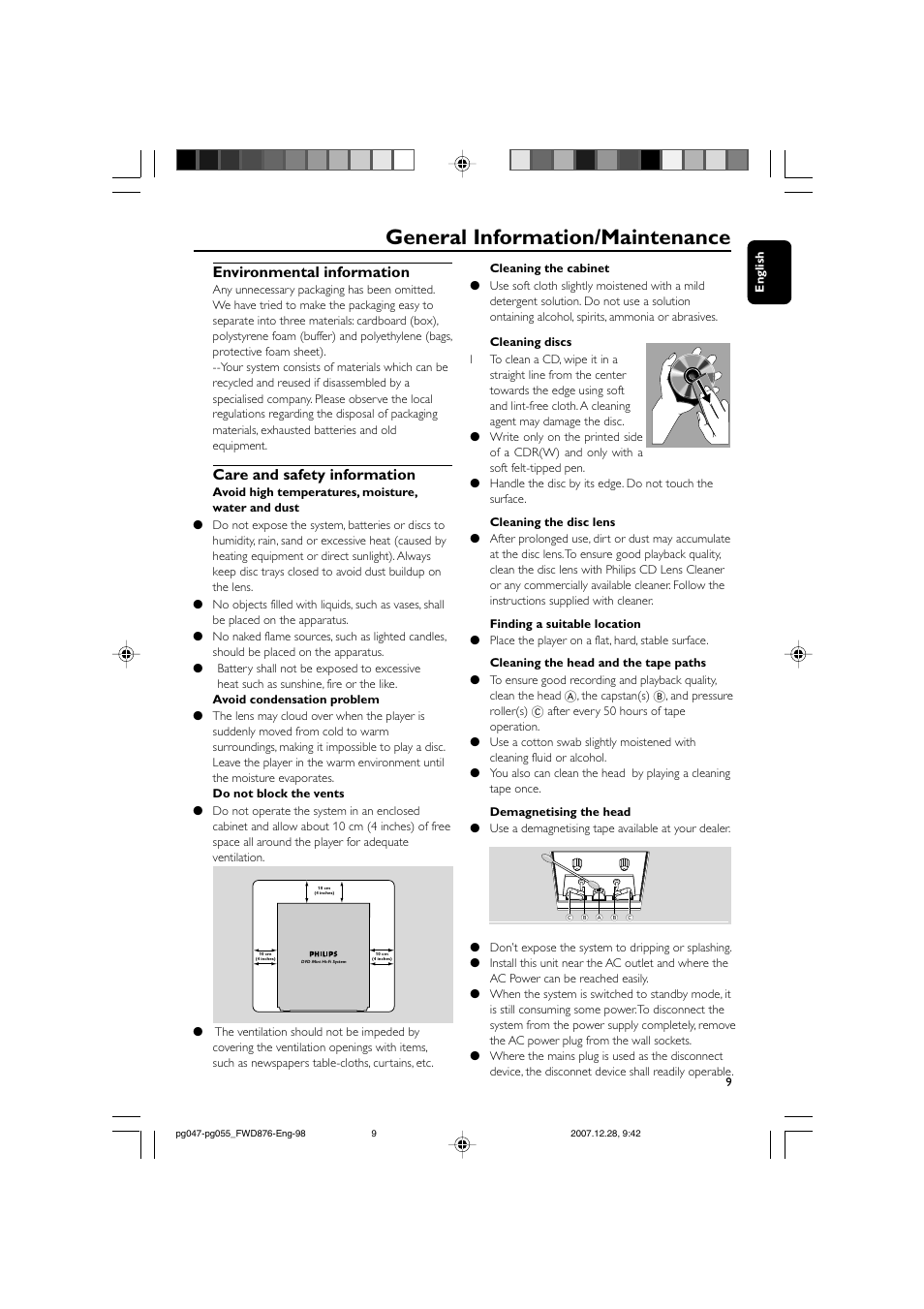 General information/maintenance, Environmental information, Care and safety information | Philips FWD876 User Manual | Page 9 / 47