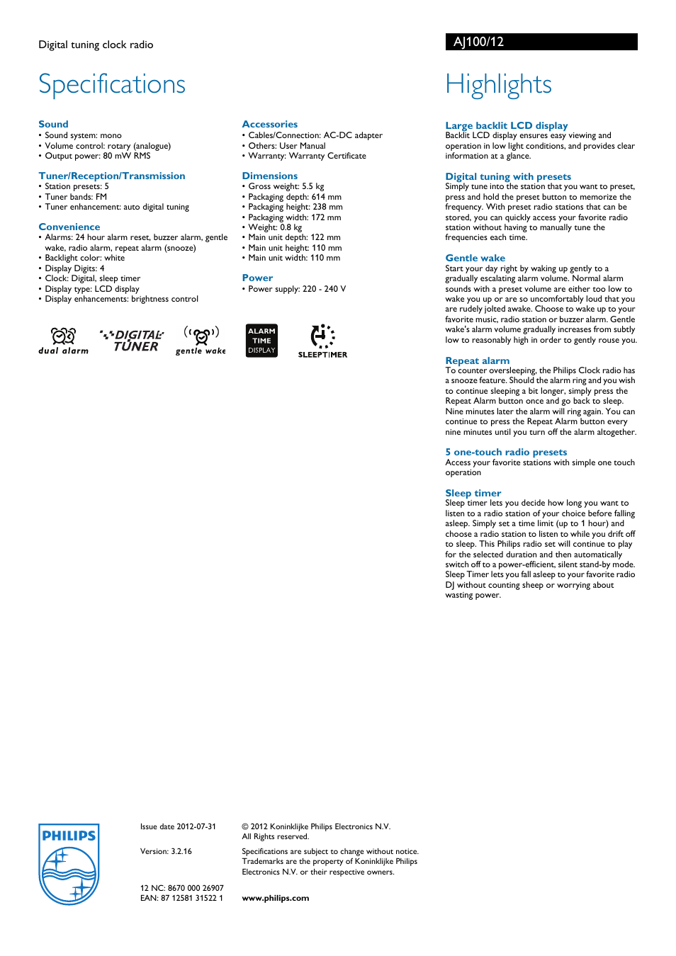 Specifications, Highlights | Philips AJ100/12 User Manual | Page 2 / 2