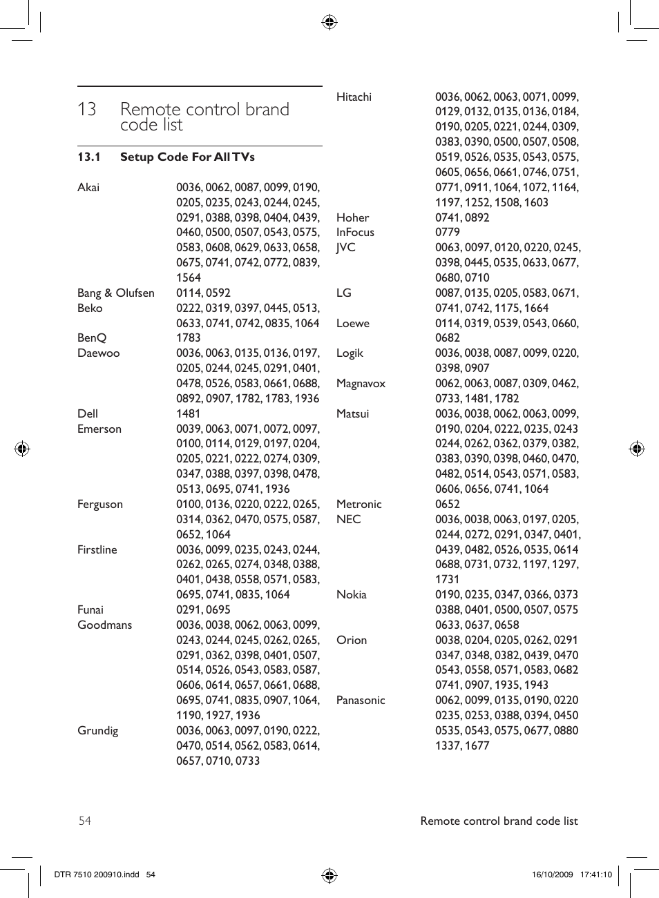 13 remote control brand code list | Philips DTR7510/05 User Manual | Page 54 / 60