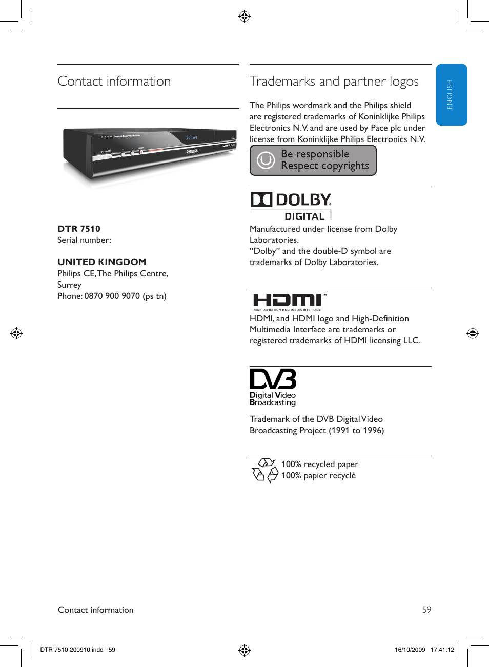 Contact information, Trademarks and partner logos | Philips DTR7510/05 User Manual | Page 59 / 60