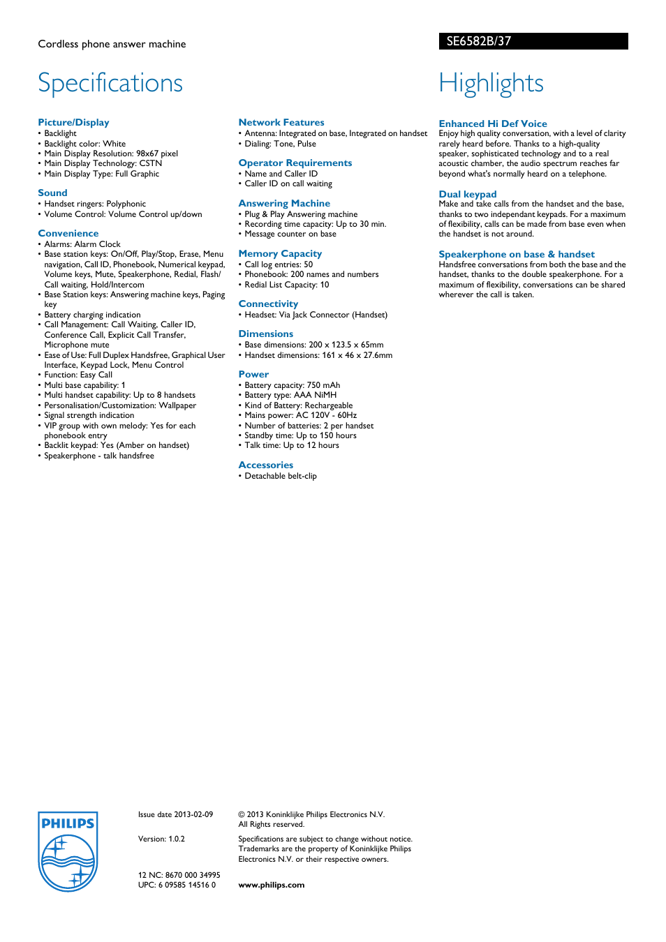 Specifications, Highlights | Philips SE6582B User Manual | Page 2 / 2