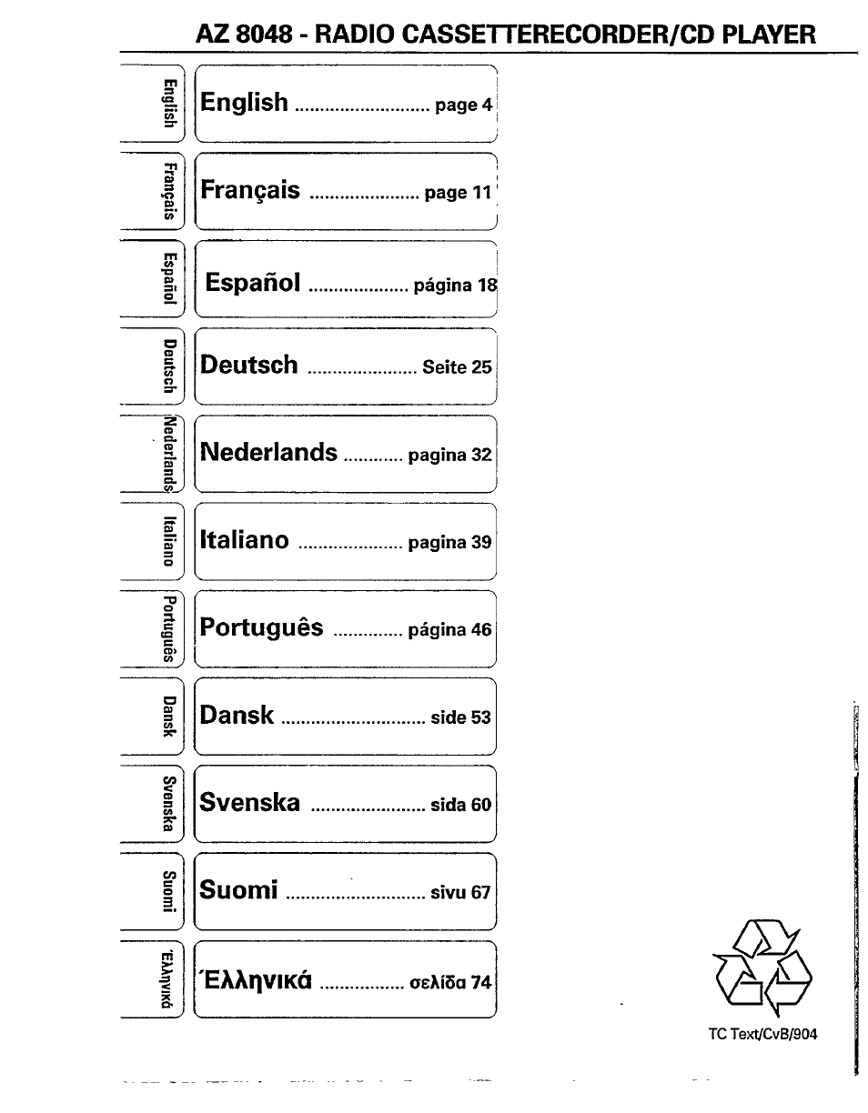 Az 8048 - radio cassetterecorder/cd player, Español, Italiano | English, Frangais, 11 ' español, Deutsch, Nederlands, Dansk, Svenska....................sidaeo | Philips AZ 8048 User Manual | Page 13 / 13