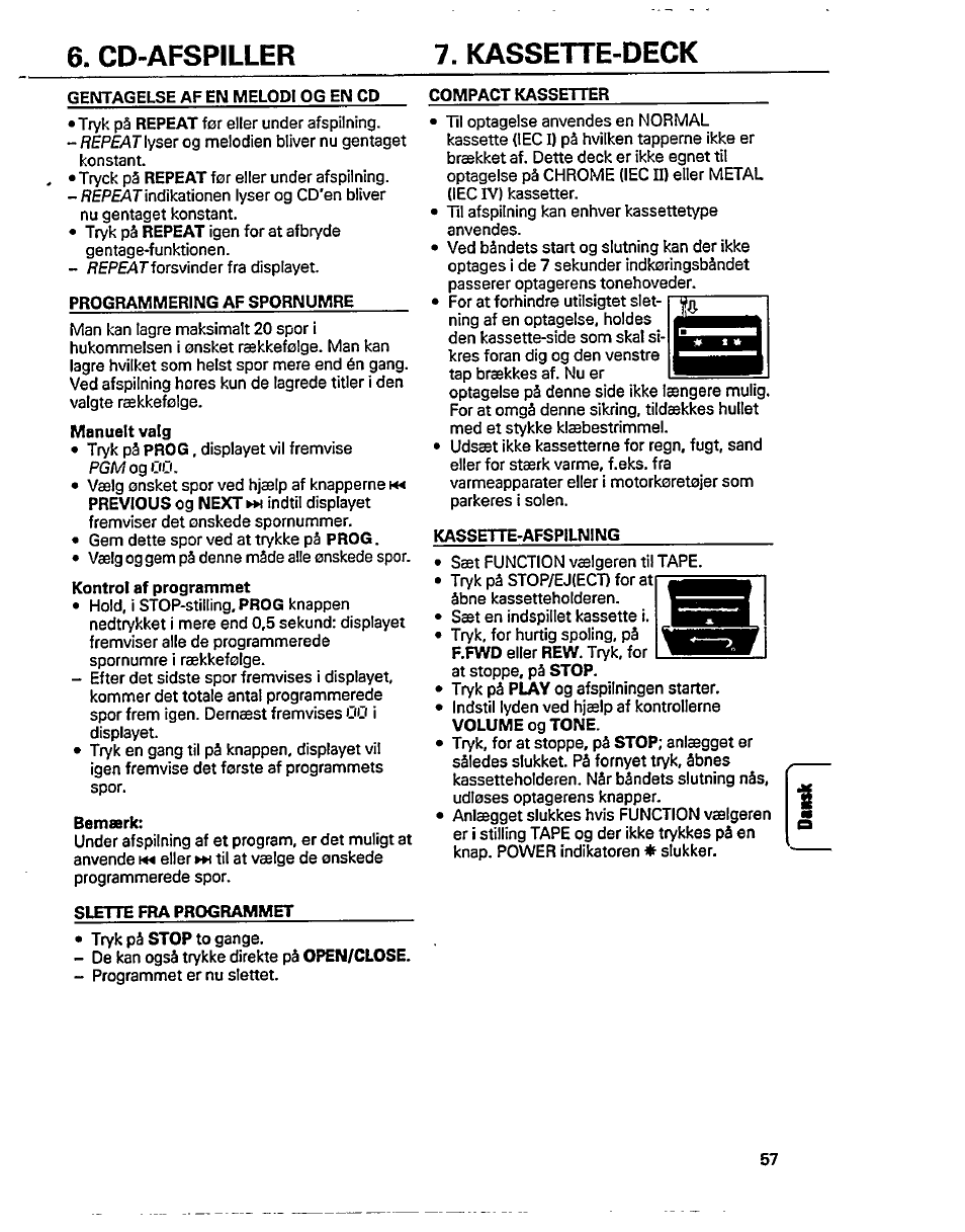 Cd-afspiller, Kassette-deck, Kassette-deck -58 | Cd-afspiller 7. kassette-deck | Philips AZ 8048 User Manual | Page 7 / 13