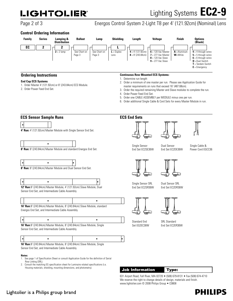 Control ordering information, Ecs sensor sample runs, Ecs end sets | Ec2-9, Philips, Lightoliiër, Lighting systems | Philips Lightolier EC2-9 User Manual | Page 2 / 3