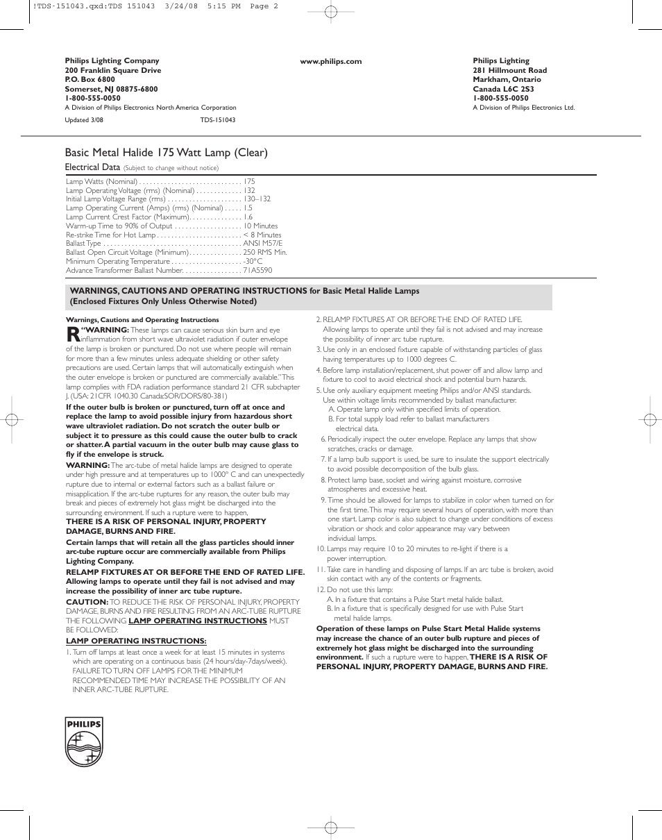 Basic metal halide 175 watt lamp (clear) | Philips 151043 User Manual | Page 2 / 2