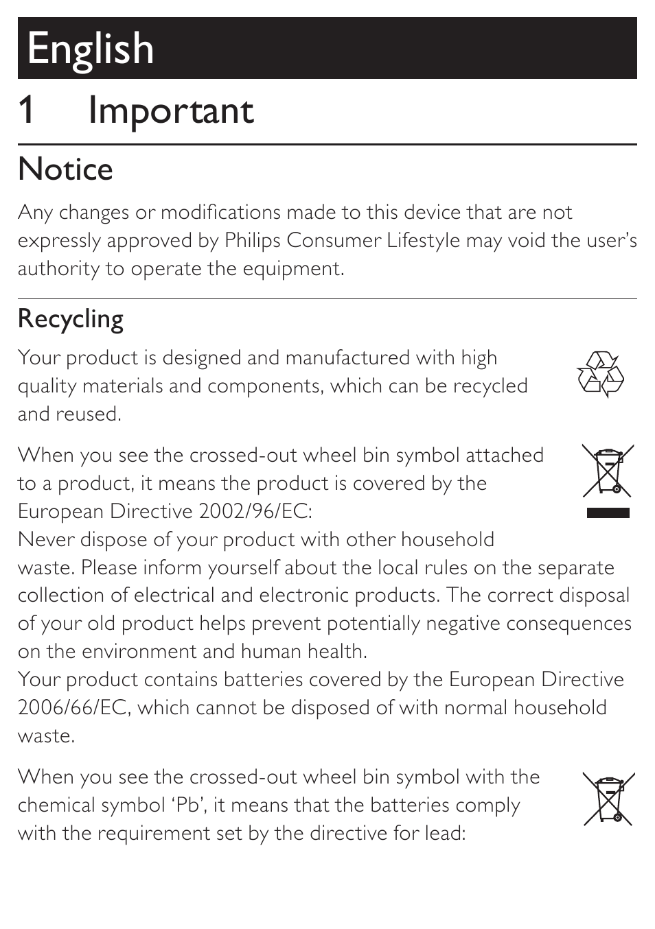 English, 1 important, Notice | Recycling | Philips AJ110 User Manual | Page 2 / 11