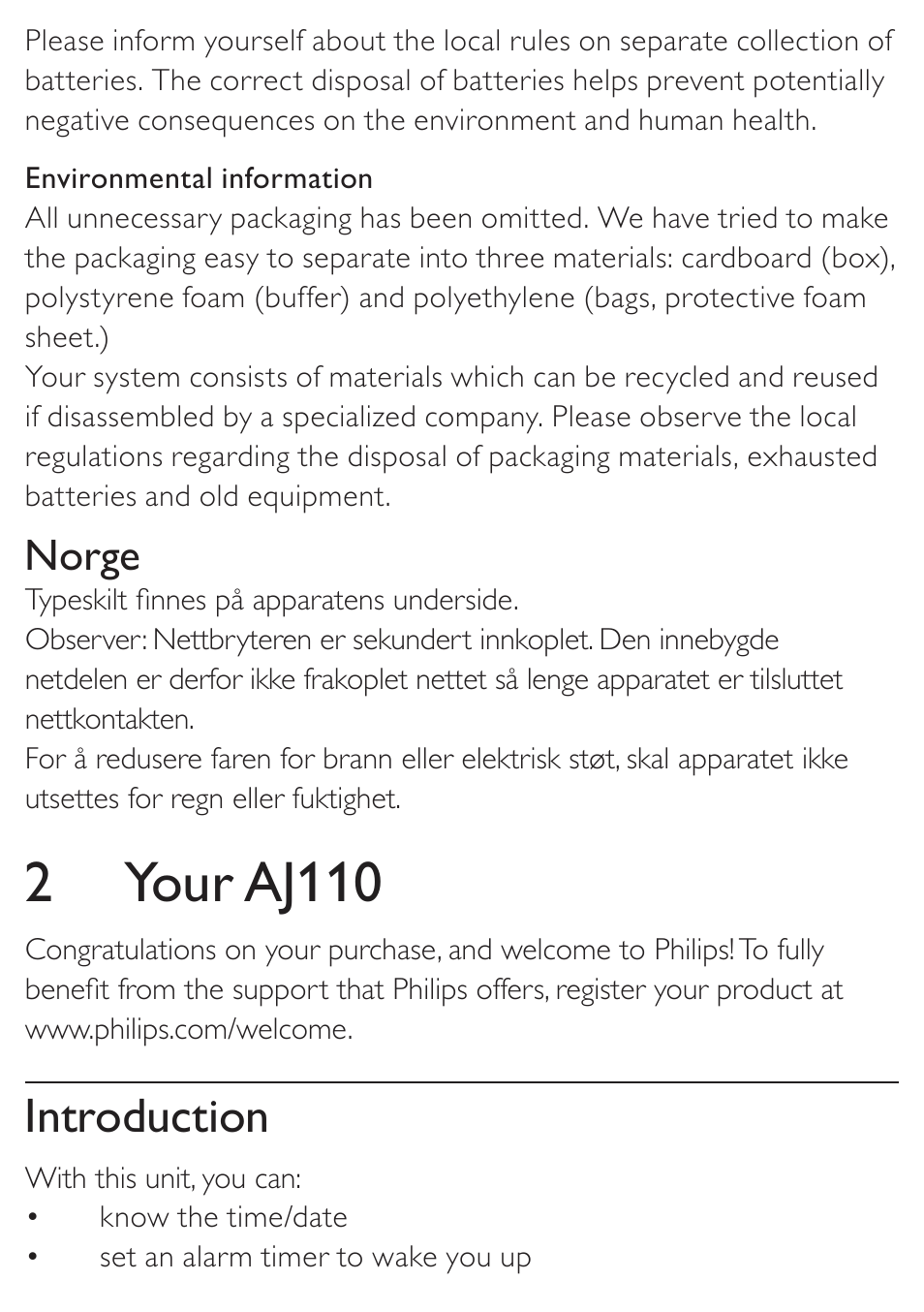 2 your aj110, Introduction, Norge | Philips AJ110 User Manual | Page 3 / 11