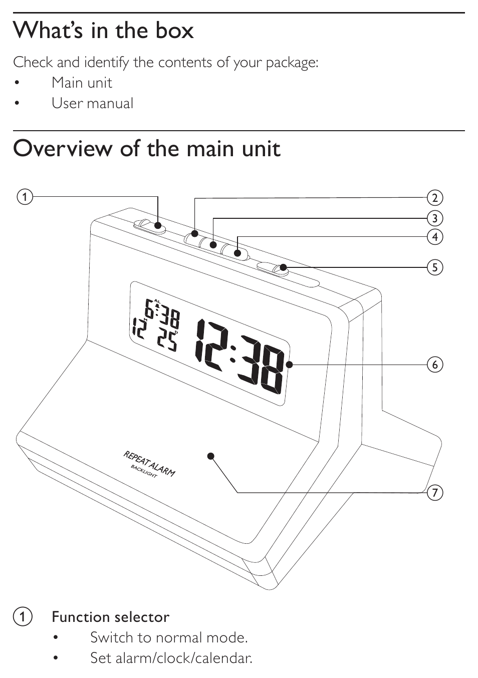 What’s in the box, Overview of the main unit | Philips AJ110 User Manual | Page 4 / 11