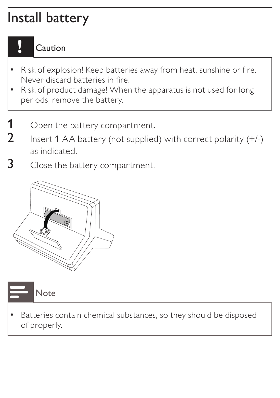 Install battery | Philips AJ110 User Manual | Page 6 / 11