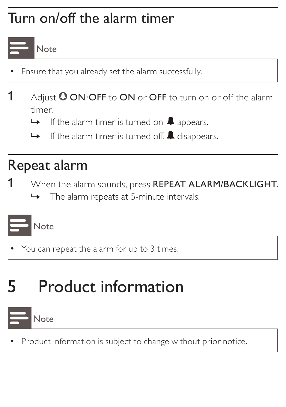 5 product information, Turn on/off the alarm timer, Repeat alarm | Philips AJ110 User Manual | Page 8 / 11