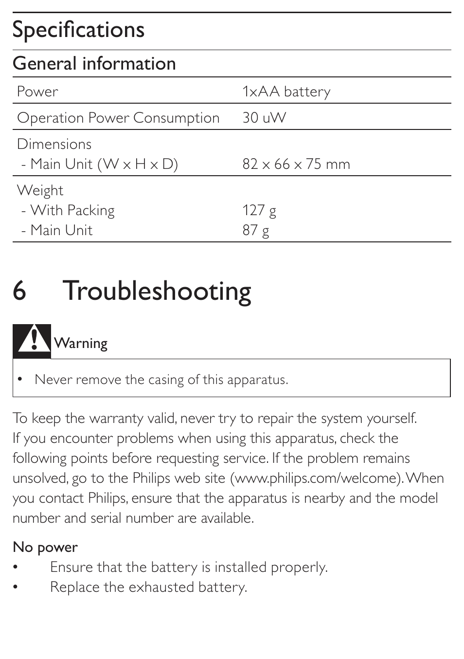 6 troubleshooting, Specifications, General information | Philips AJ110 User Manual | Page 9 / 11