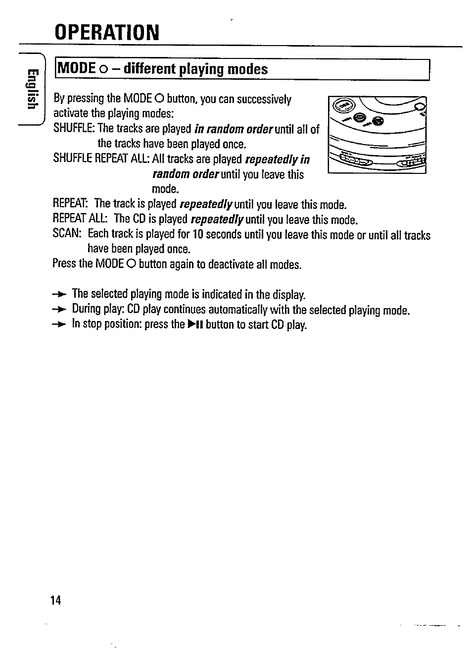 Operation, Mode, Different playing modes | Philips AZ 7385 User Manual | Page 14 / 22