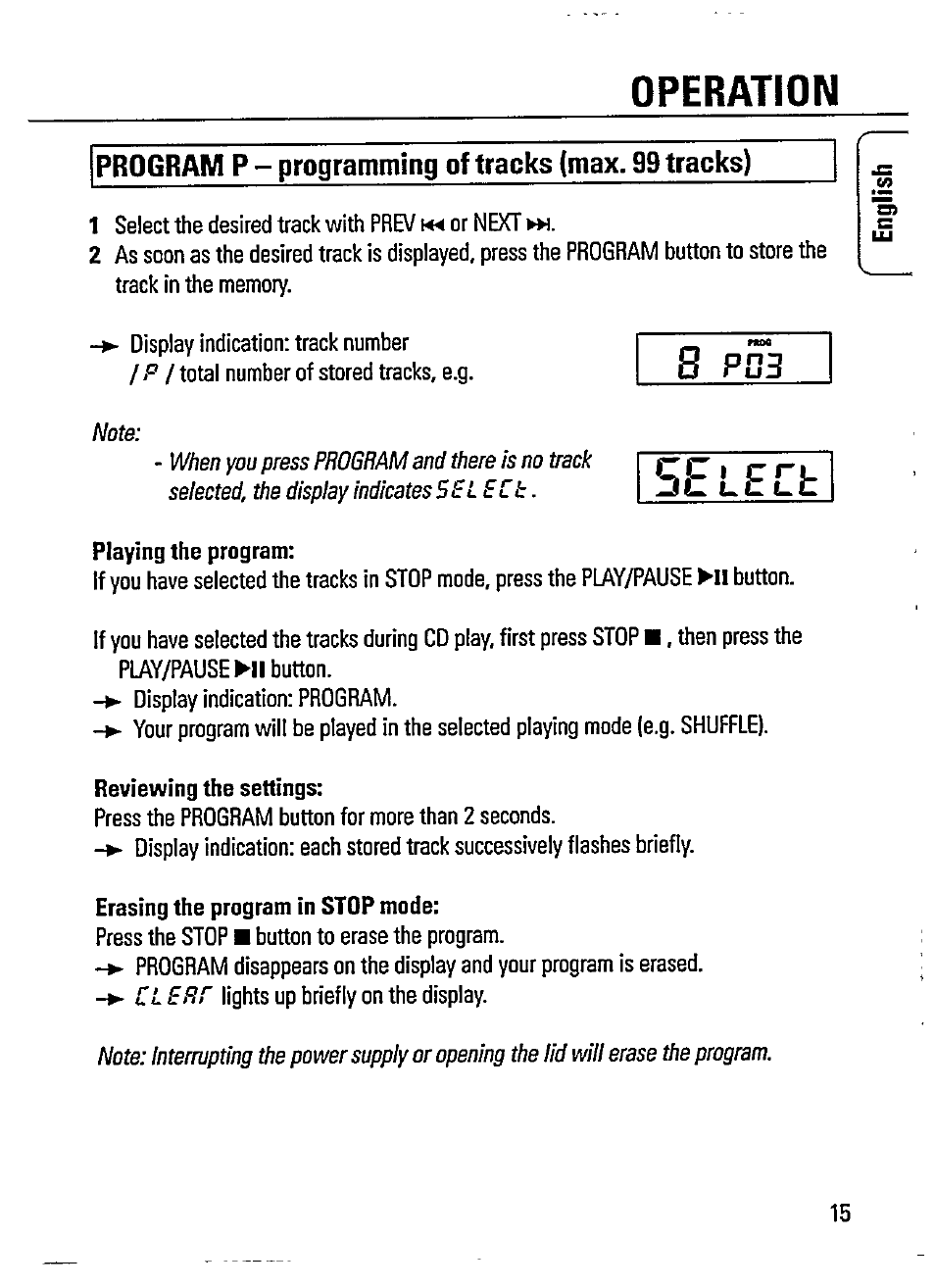 S p03, Operation, Program p - programming of tracks (max. 99 tracks) | Philips AZ 7385 User Manual | Page 15 / 22