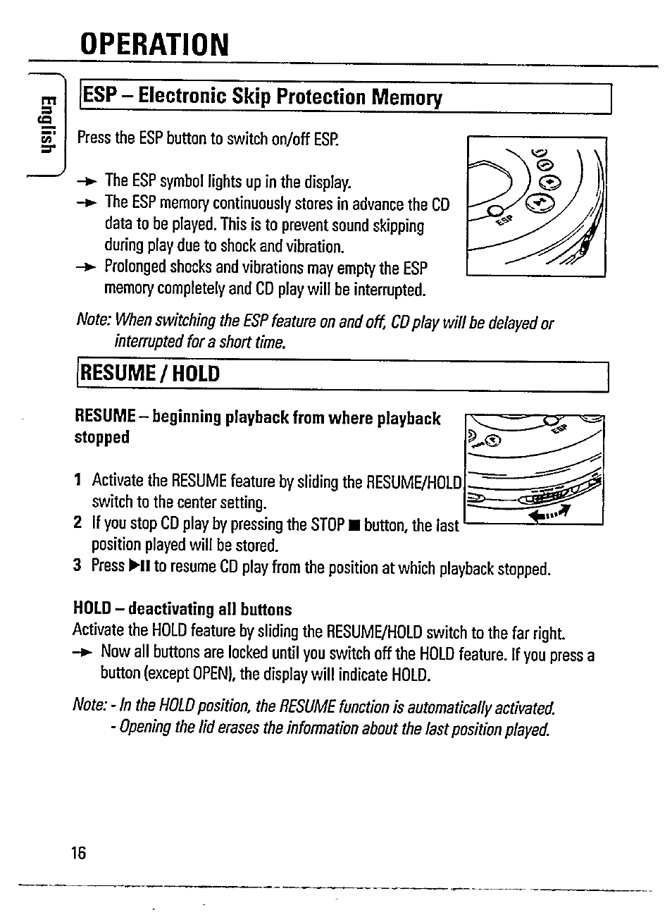 Operation, Resume/hold | Philips AZ 7385 User Manual | Page 16 / 22