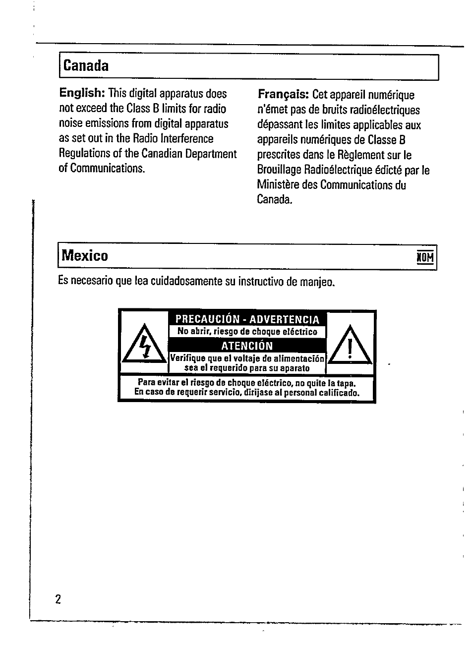 Canada, Mexico ih, English | Français | Philips AZ 7385 User Manual | Page 2 / 22