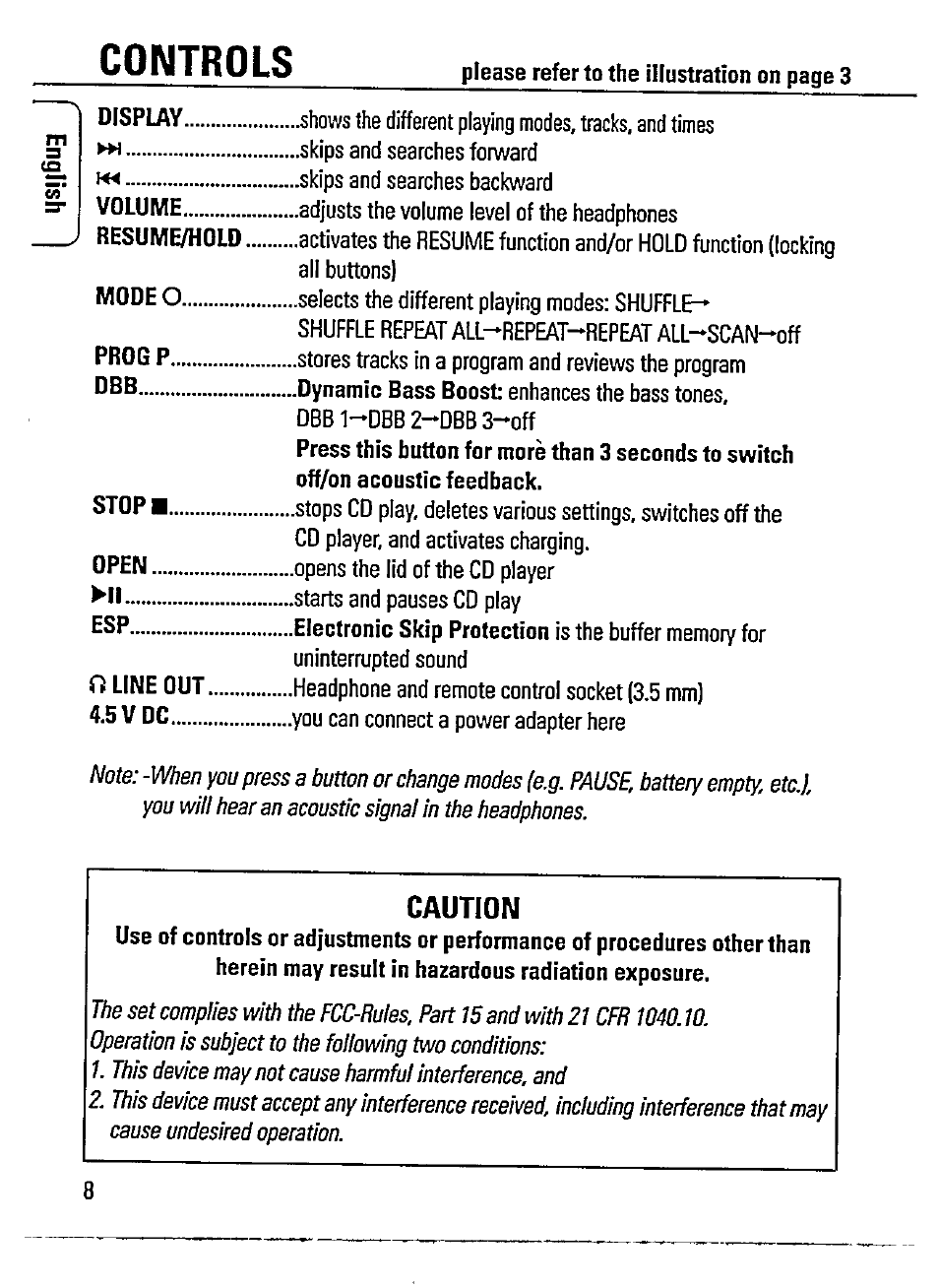 Controls, Caution | Philips AZ 7385 User Manual | Page 8 / 22