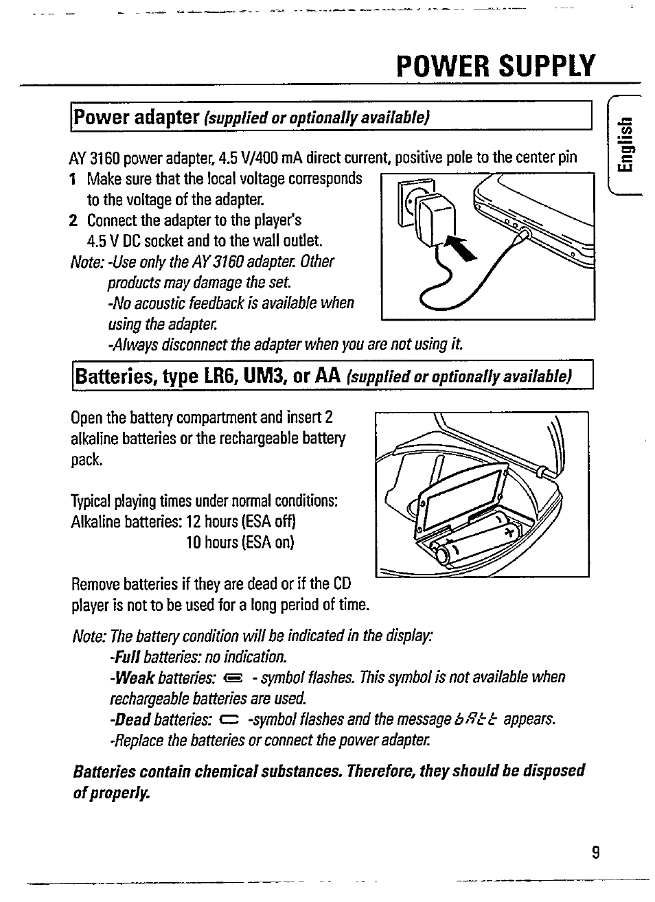 Power supply, Power adapter, Batteries, type lr6, um3, or aa | Philips AZ 7385 User Manual | Page 9 / 22