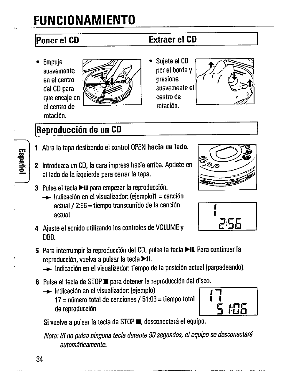 5 ?u5, Funcionamiento, Poner el cd extraer el cd | Reproducción de un cd | Philips AZ 7188 User Manual | Page 10 / 26