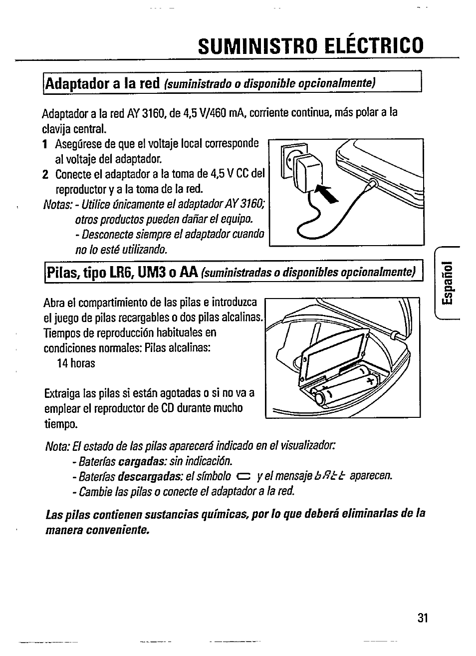 Suministro electrico, Adaptador a la red, Pilas, tipo lr6,um3 o aa | Philips AZ 7188 User Manual | Page 7 / 26