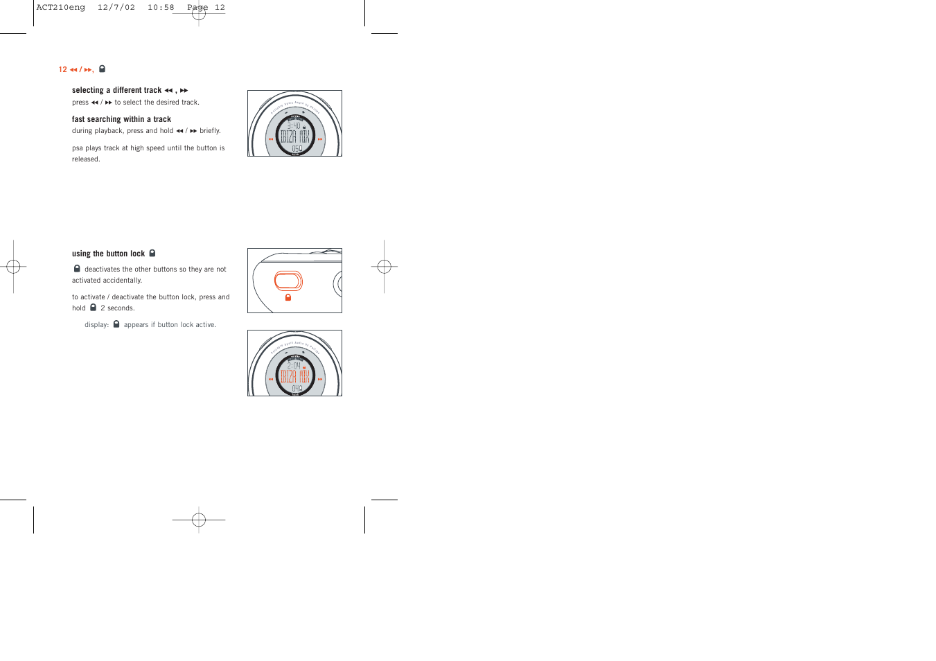 Selecting a different track 5 , 6, Fast searching within a track, Using the button lock | Philips ACT210 User Manual | Page 12 / 29