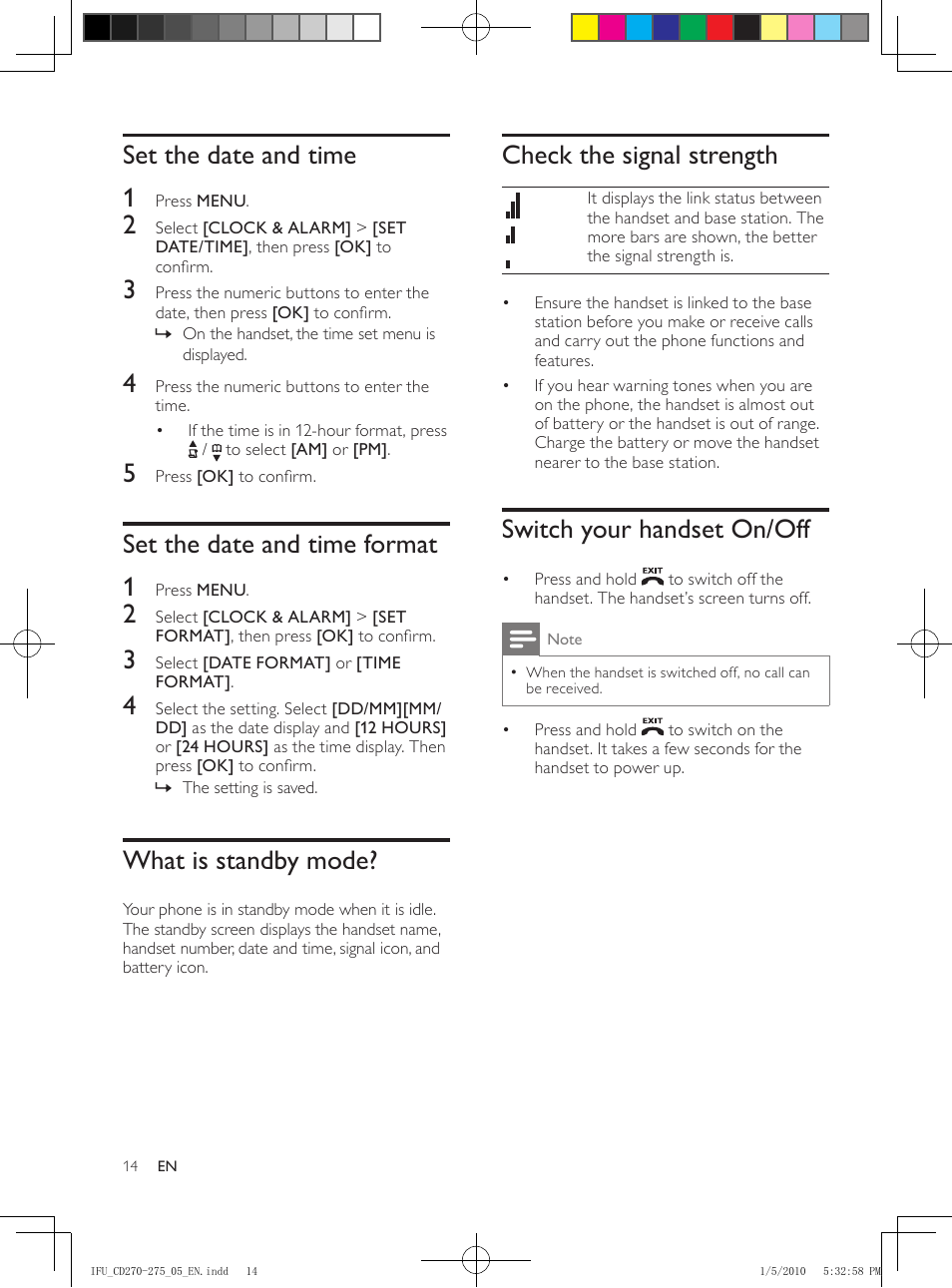 4 calls, Make a call, Quick call | Dial before you call, Redial the most recent number, Call from the redial list, Call from the phonebook, Call from the call log, Set the date and time, Set the date and time format | Philips AQ95-56F-1224KR User Manual | Page 14 / 40