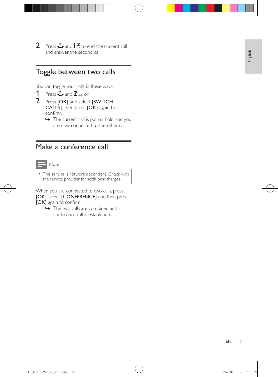 5 intercom and conference calls, Make a call to another handset, Transfer a call | Make a conference call, While you are on the phone, Toggle between calls, During an external call, Toggle between two calls | Philips AQ95-56F-1224KR User Manual | Page 17 / 40