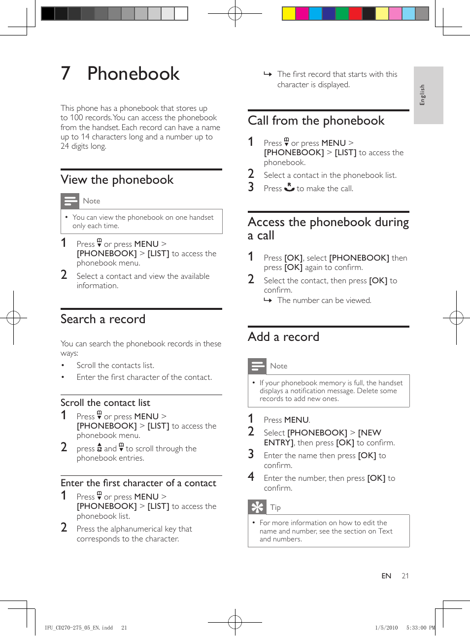 Edit a record, Delete a record, Delete all records | Direct access memory, Edit the direct access memory, 7 phonebook, View the phonebook, Search a record, Call from the phonebook, Access the phonebook during a call | Philips AQ95-56F-1224KR User Manual | Page 21 / 40