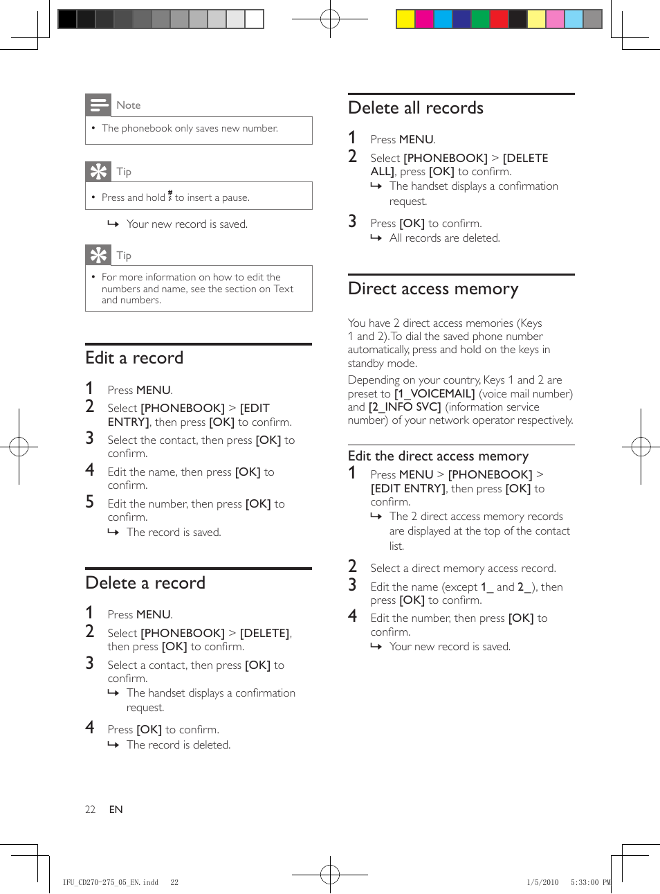 8 call log, View the call records, Save a call record to the phonebook | Return a call, Delete a call record, Delete all call records, Edit a record, Delete a record, Delete all records, Direct access memory | Philips AQ95-56F-1224KR User Manual | Page 22 / 40