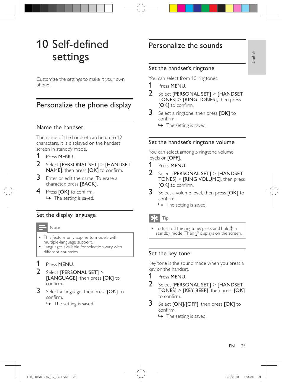 10 self-defined settings, Personalize the phone display, Personalize the sounds | Name the handset, Set the display language, Set the handset’s ringtone, Set the handset’s ringtone volume, Set the key tone | Philips AQ95-56F-1224KR User Manual | Page 25 / 40