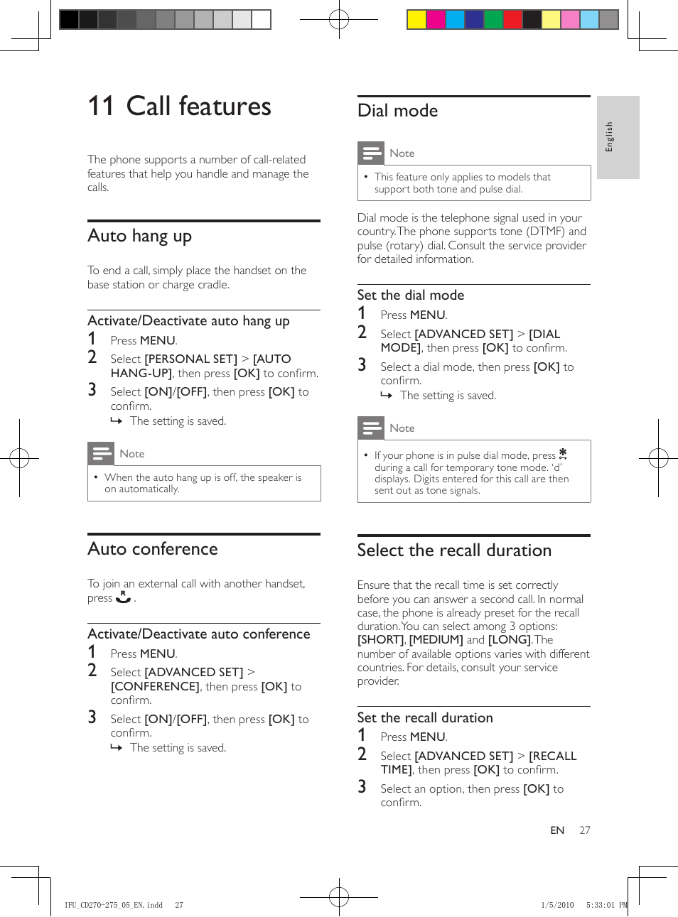 11 call features, Auto hang up, Auto conference | Dial mode, Select the recall duration, Activate/deactivate auto hang up, Activate/deactivate auto conference, Set the dial mode, Set the recall duration | Philips AQ95-56F-1224KR User Manual | Page 27 / 40