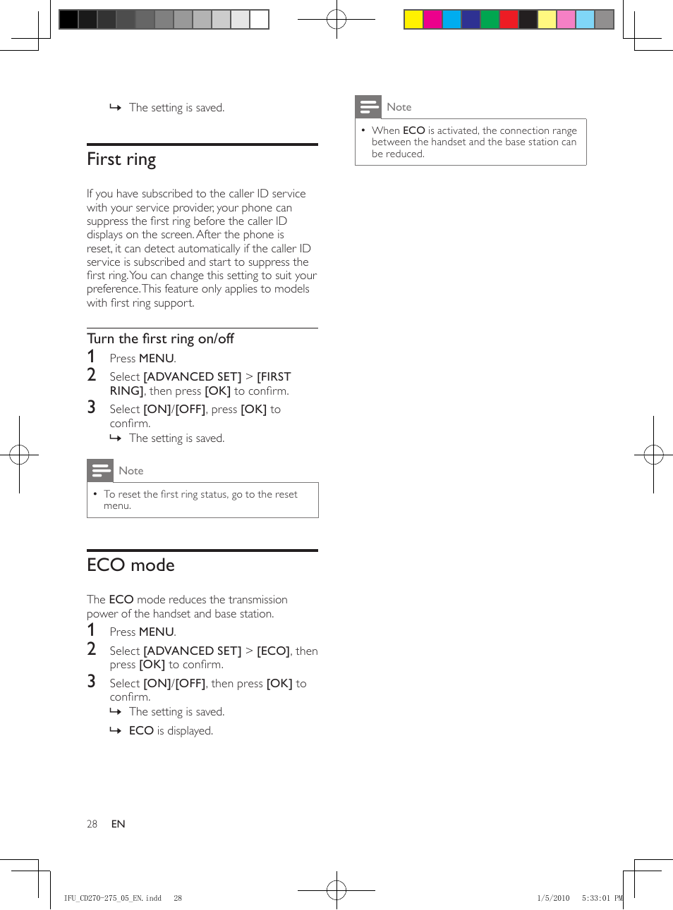 First ring, Eco mode, Turn the first ring on/off | Philips AQ95-56F-1224KR User Manual | Page 28 / 40