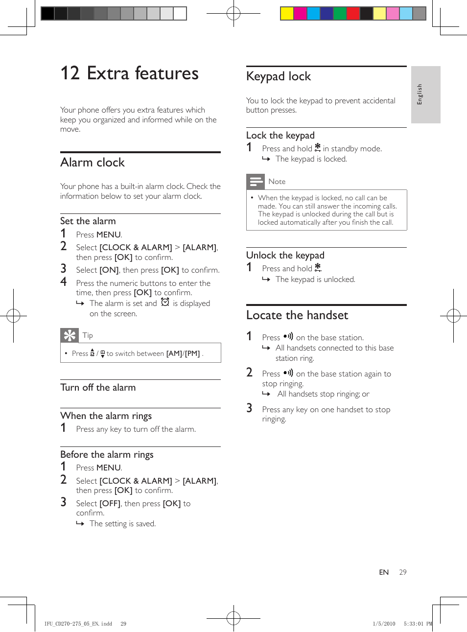 12 extra features, Alarm clock, Keypad lock | Locate the handset, Set the alarm, Turn off the alarm, When the alarm rings, Before the alarm rings, Lock the keypad, Unlock the keypad | Philips AQ95-56F-1224KR User Manual | Page 29 / 40