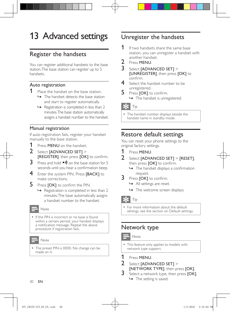 13 advanced settings, Register the handsets, Unregister the handsets | Restore default settings, Auto registration, Manual registration, Network type, Unregister the handsets 1 | Philips AQ95-56F-1224KR User Manual | Page 30 / 40