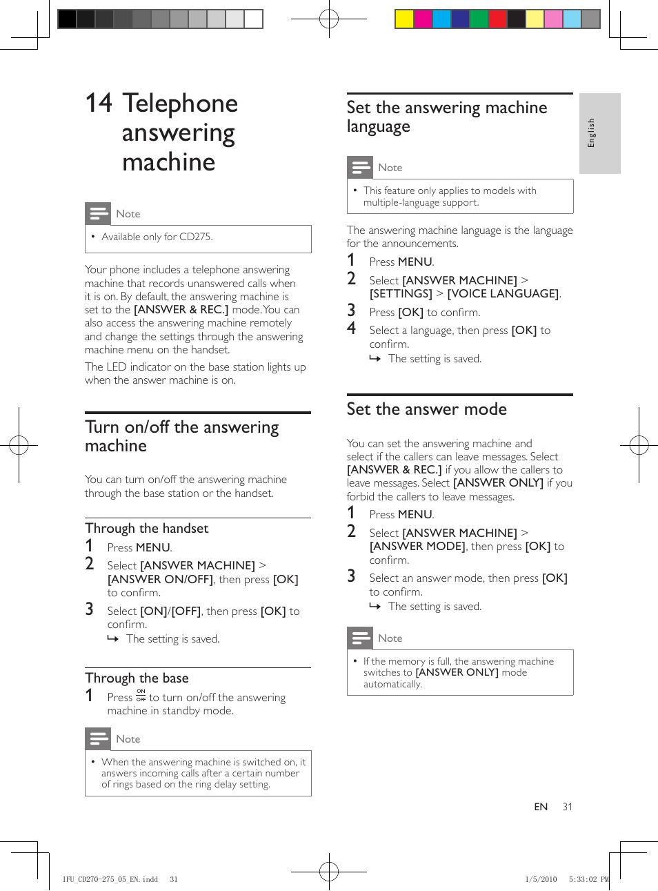 Network type, 14 telephone answering machine, Turn on/off the answering machine | Set the answering machine language, Set the answer mode, Set the answering machine language 31 | Philips AQ95-56F-1224KR User Manual | Page 31 / 40