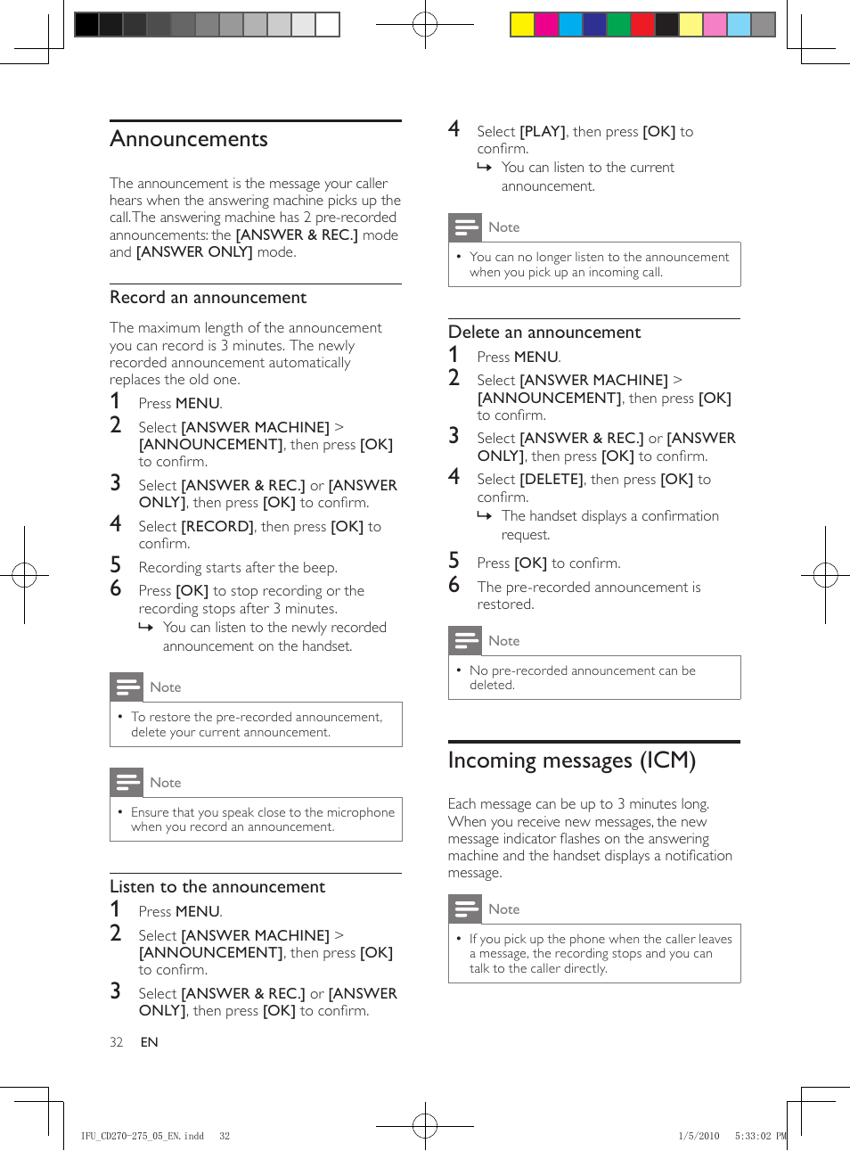 14 telephone answering machine, Turn on/off the answering machine, Set the answering machine language | Set the answer mode, Through the handset, Through the base, Announcements, Incoming messages (icm) | Philips AQ95-56F-1224KR User Manual | Page 32 / 40