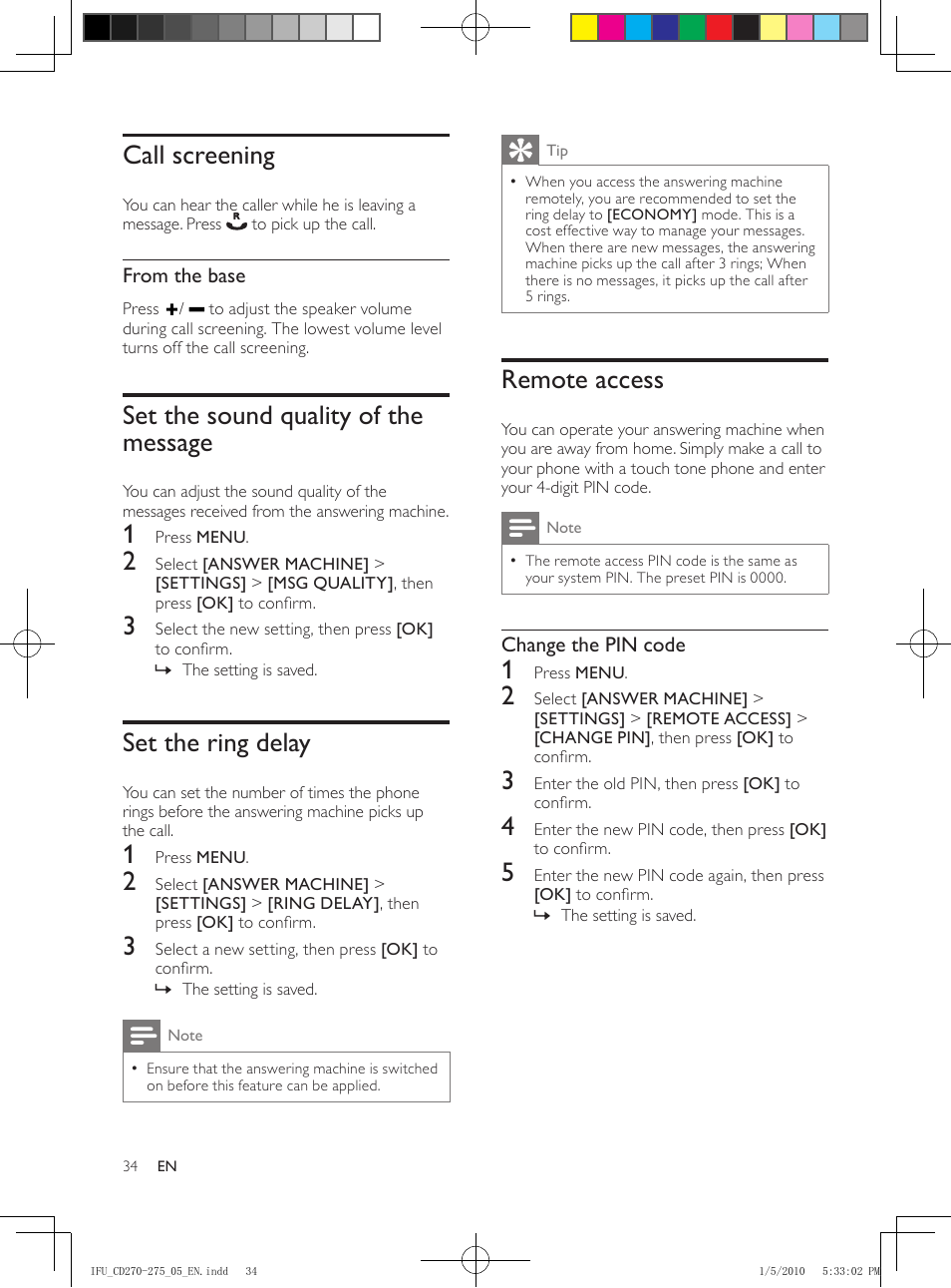 Incoming messages (icm), Listen to the incoming messages, From the base | From the handset, Delete an incoming message, Delete all old incoming messages, Call screening, Set the sound quality of the message, Set the ring delay, Remote access | Philips AQ95-56F-1224KR User Manual | Page 34 / 40