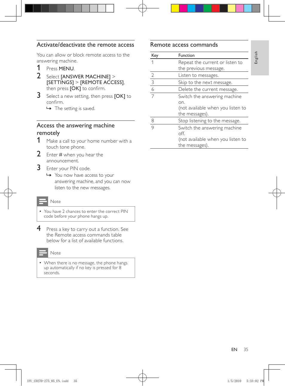 Call screening, Set the sound quality of the message, Set the ring delay | Remote access, From the base, Change the pin code, Remote access commands, Activate/deactivate the remote access, Access the answering machine remotely | Philips AQ95-56F-1224KR User Manual | Page 35 / 40