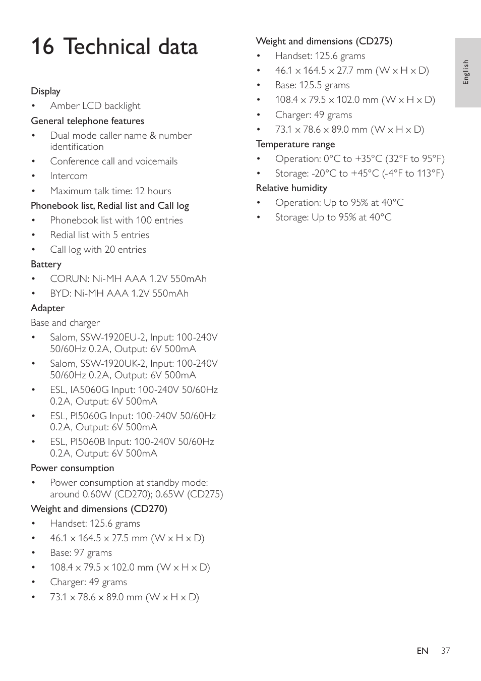 16 technical data | Philips AQ95-56F-1224KR User Manual | Page 37 / 40