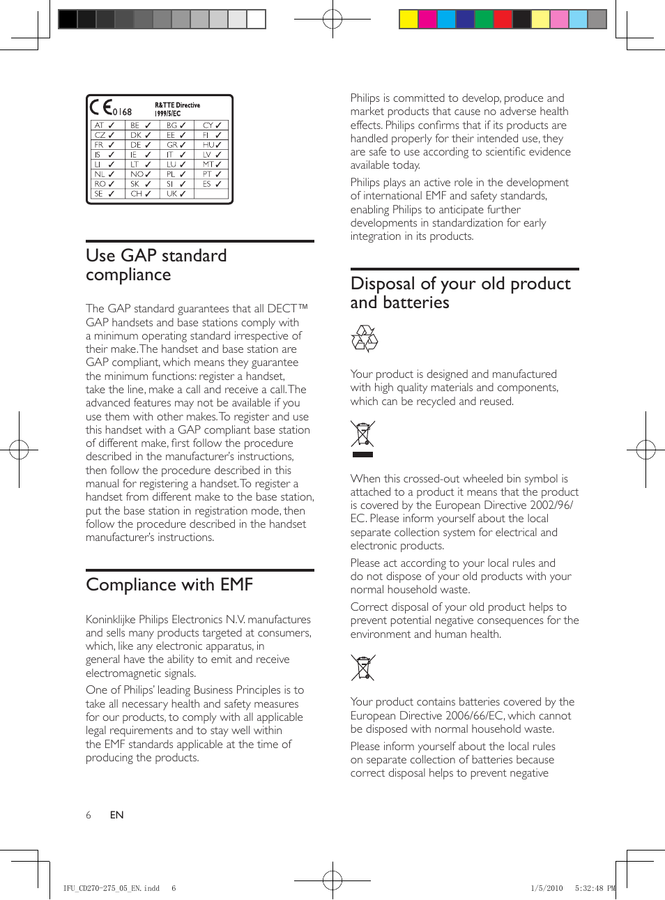 Use gap standard compliance, Compliance with emf, Disposal of your old product and batteries | Disposal of your old product and, Batteries | Philips AQ95-56F-1224KR User Manual | Page 6 / 40