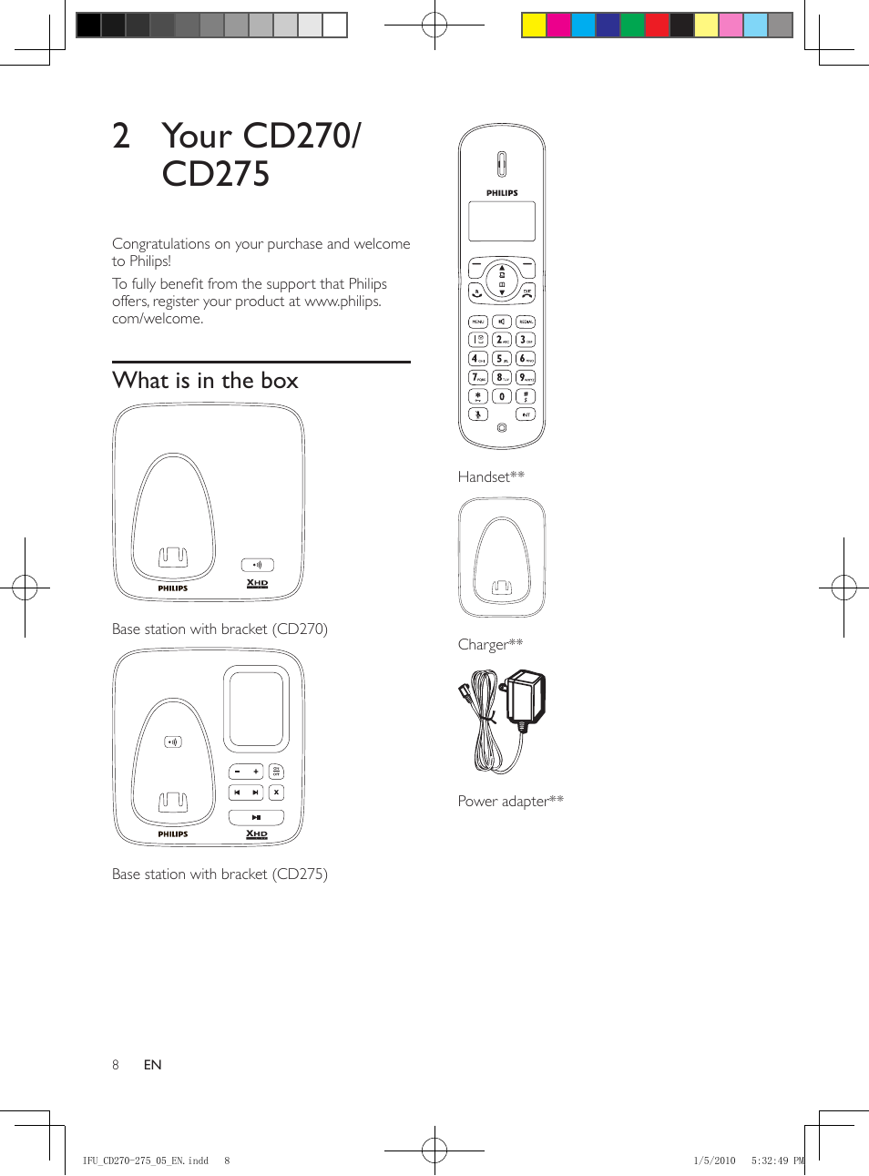 Overview of the phone, 2 your cd270/cd275, What is in the box | Philips AQ95-56F-1224KR User Manual | Page 8 / 40