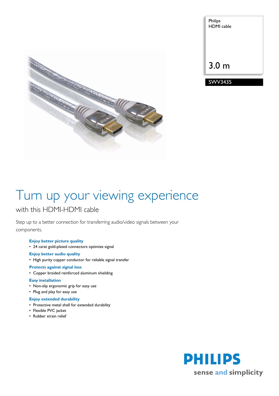 Philips HDMI Cable SWV3435 User Manual | 2 pages