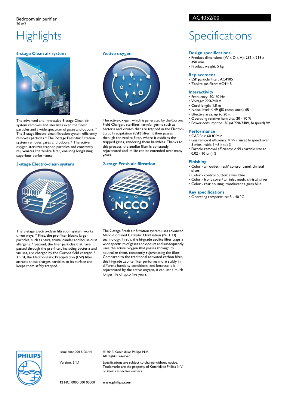 Highlights, Specifications | Philips AC4052/00 User Manual | Page 2 / 2