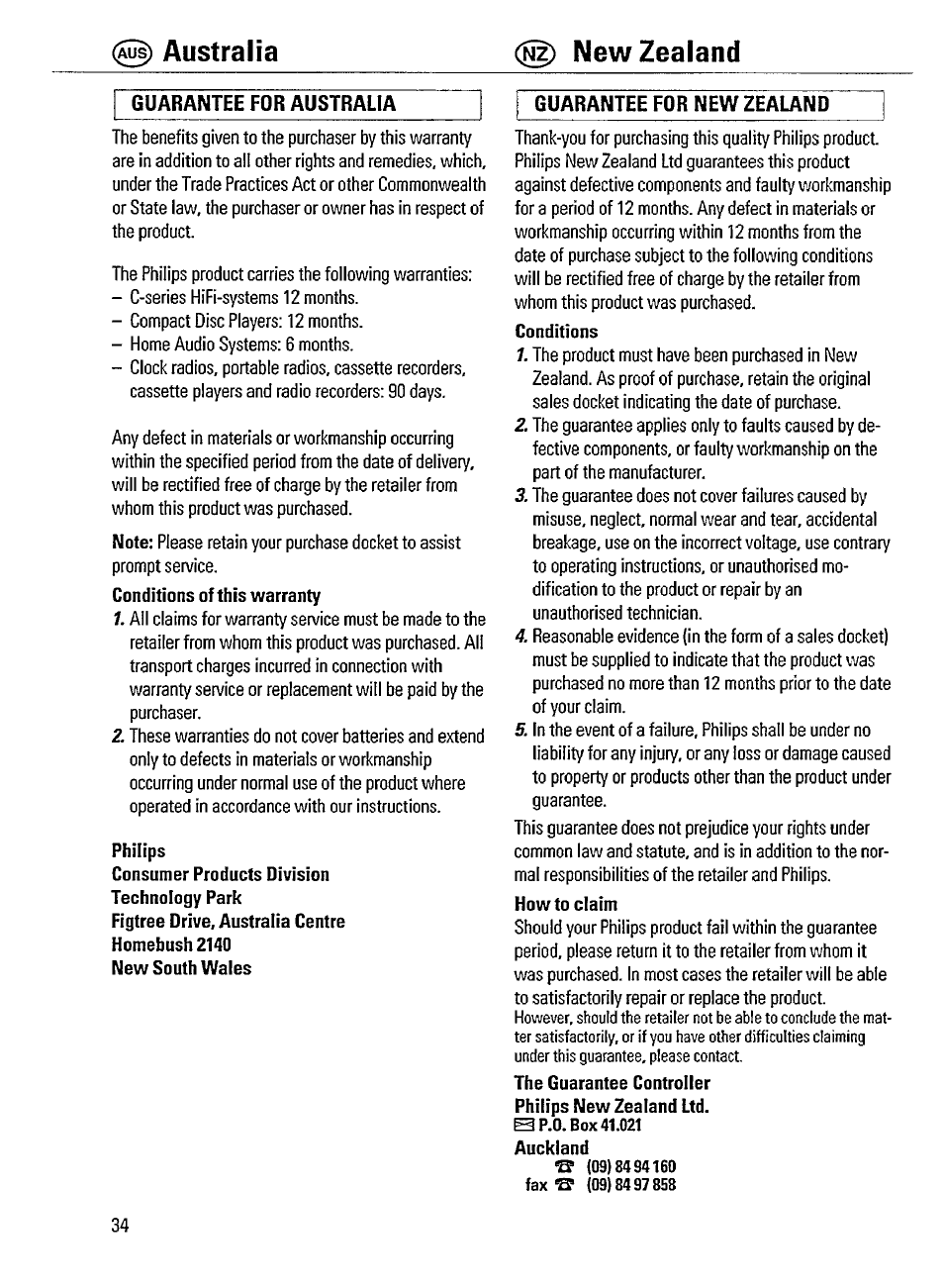 Guarantee for new zealand, Philips, Australia new zealand | Guarantee for australia guarantee for new zealand | Philips AW 7550 User Manual | Page 10 / 14