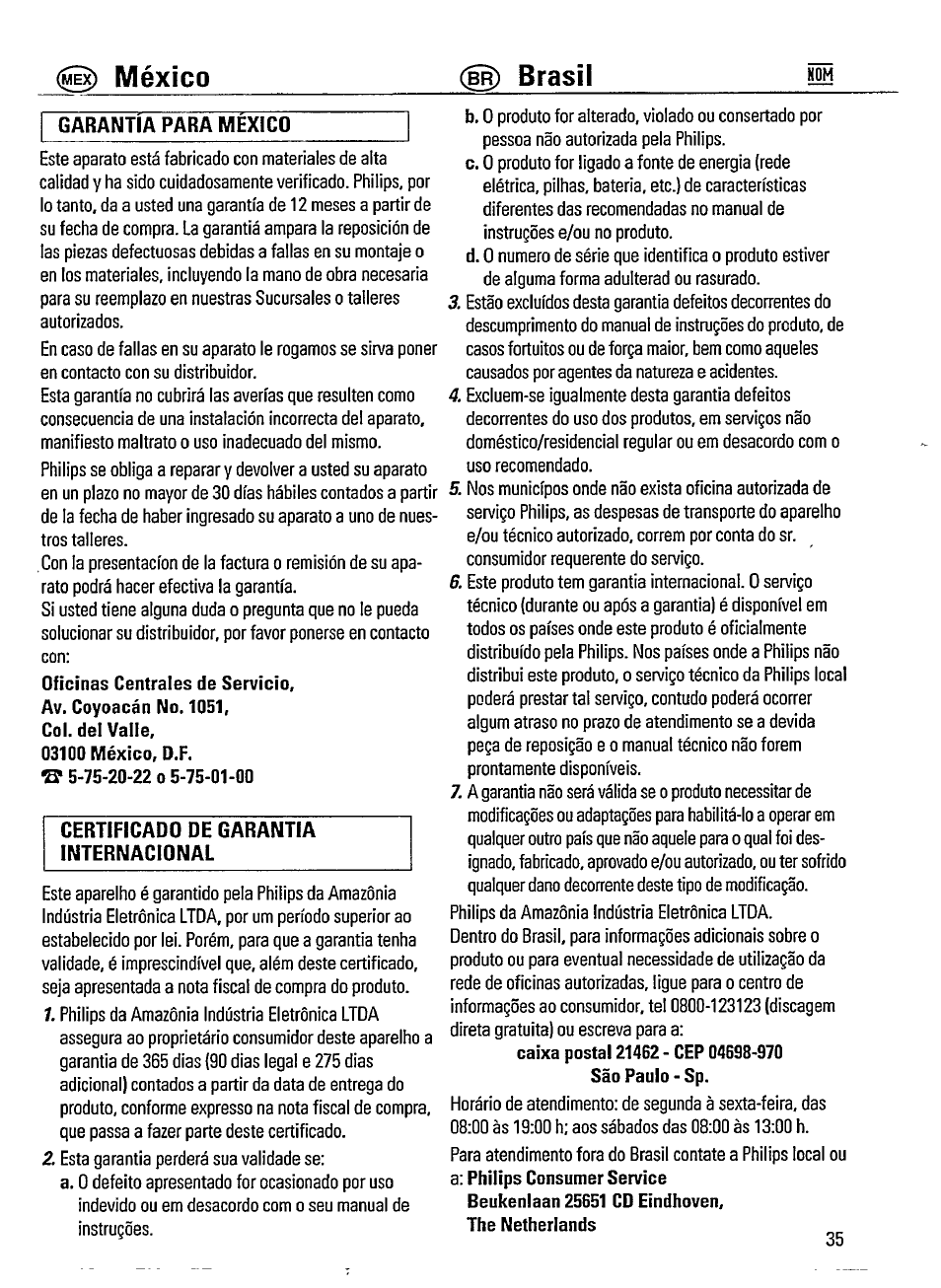 México (в^ brasil, Garantia para mexico, Certificado de garantia internacional | Philips AW 7550 User Manual | Page 11 / 14