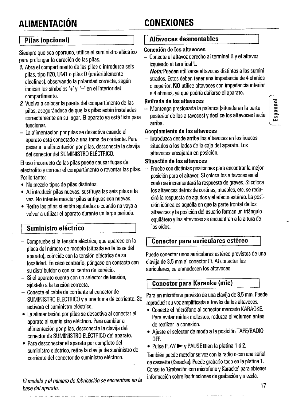 Pilas (opcional), Altavoces desmontables, Suministro eléctrico | Conexión de los altavoces, Conector para auriculares estéreo, Conector para karaoke (mic), Aumentacion conexiones, Pilas (opcional) altavoces desmontables | Philips AW 7550 User Manual | Page 5 / 14