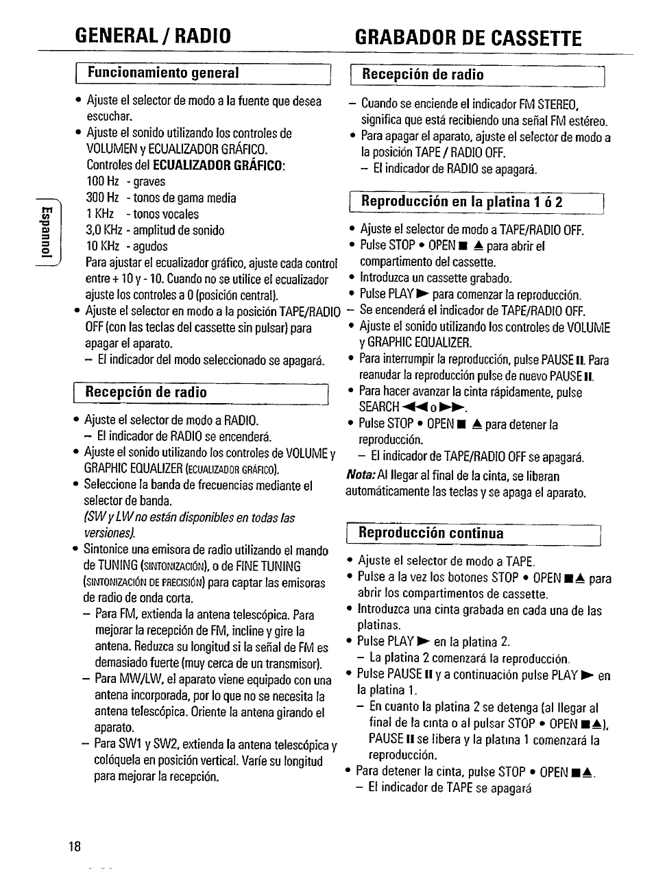 Funcionamiento general, Recepción de radio, General/radio grabador de cassette | Nota:m, Funcionamiento general recepción de radio, Reproducción en la platina 1 ó 2, Reproducción continua | Philips AW 7550 User Manual | Page 6 / 14